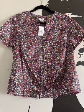 J. Crew Navy Floral Tie-Front Short Sleeve Blouse with Pink & Yellow Accents